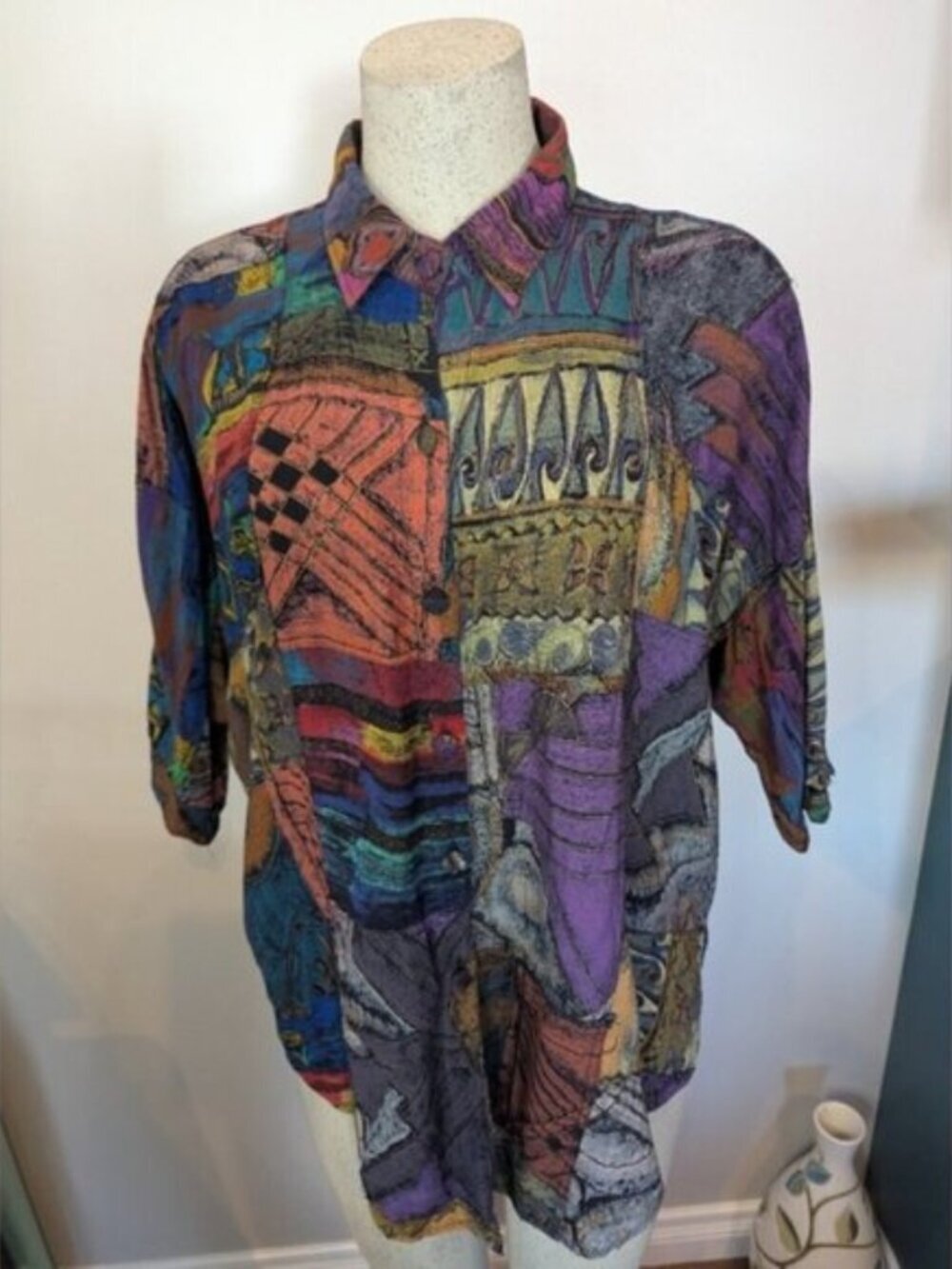 Vintage 80s Rayon Multicolor Wing Sleeve Oversized Abstract Women's Shirt Sz XL